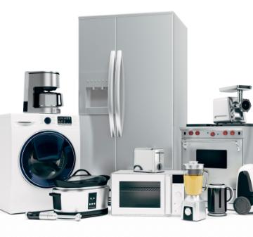 A collection of modern silver and white household appliances, including a refrigerator, washing machine, oven, and small kitchen electronics, arranged against a white background.
